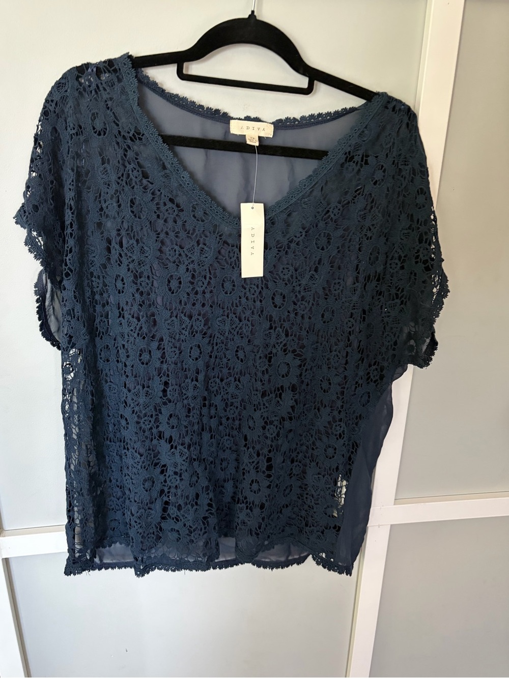 ADIVA Navy Blue crochet Floral Lace Overlay Blouse Size 2X NWT Womens plus size